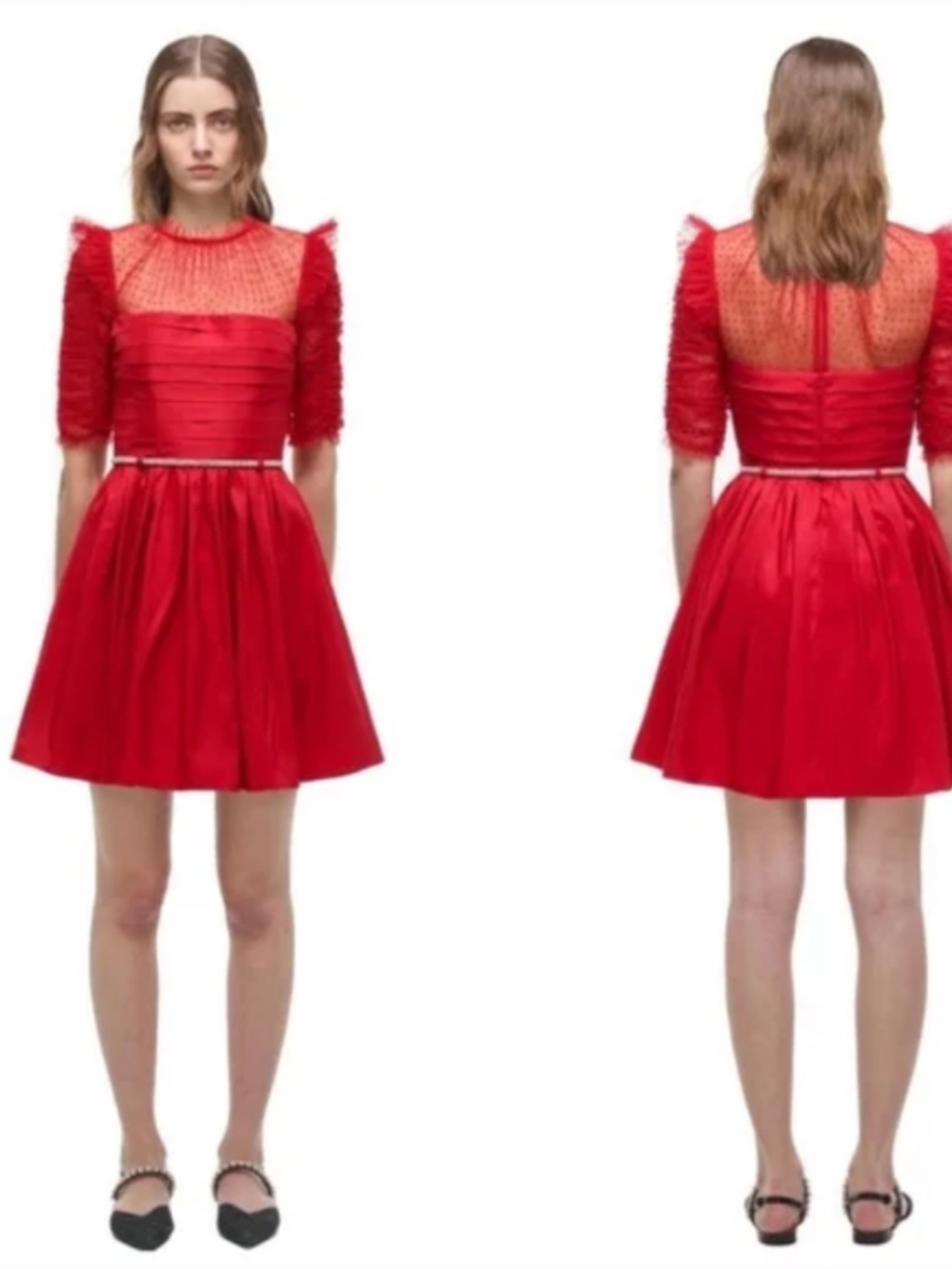 Self-Portrait Red Taffeta Mini Dress Puff Sleeve Rhinestone Belt US 0 with tags